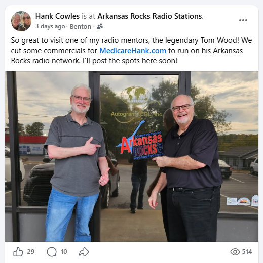 Hank Cowles visits radio mentor Tom Wood at Arkansas Rocks Radio Stations to record MedicareHank.com commercials