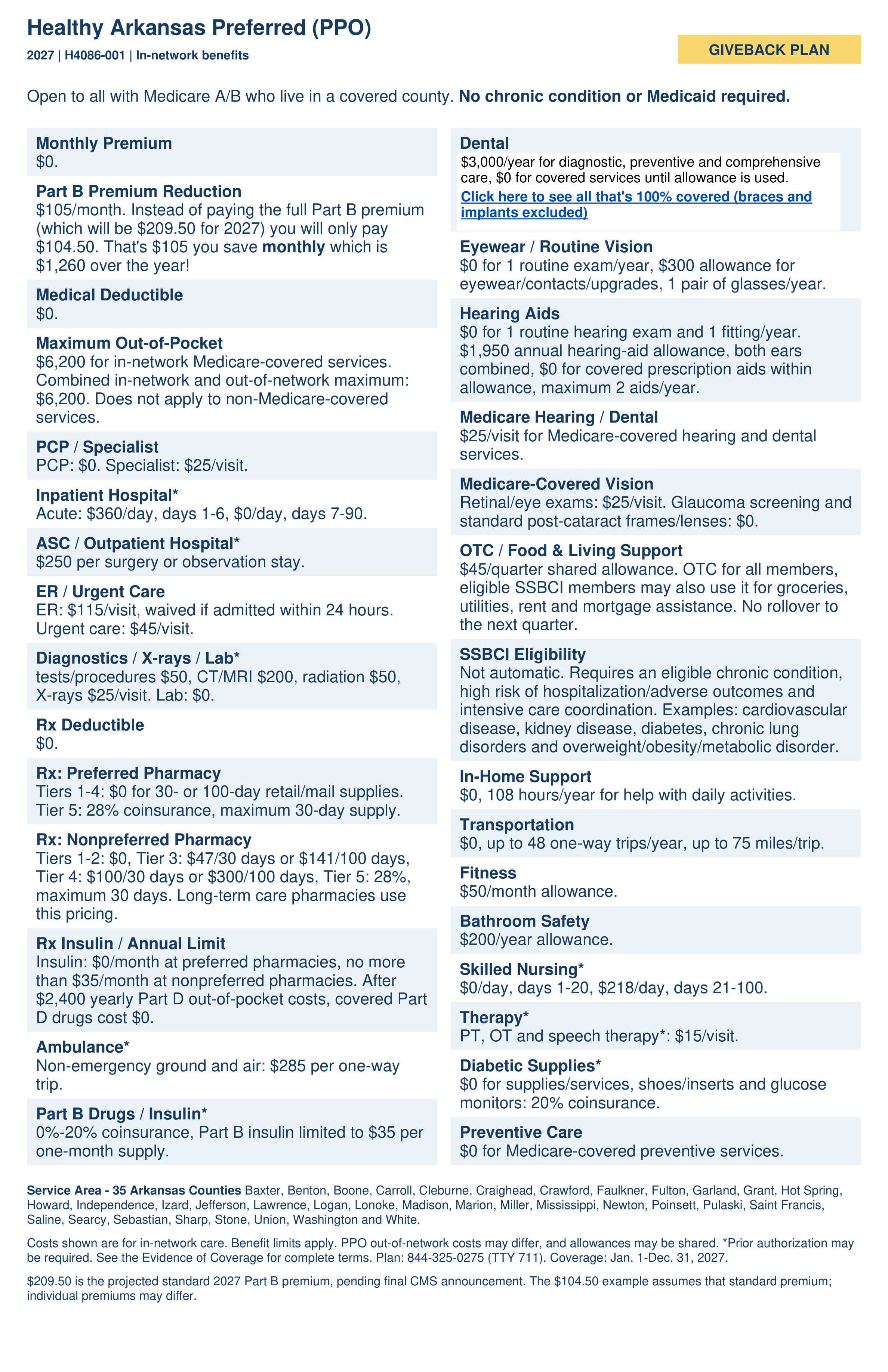 Healthy Arkansas Preferred PPO 2027 plan benefits, giveback, costs and covered counties